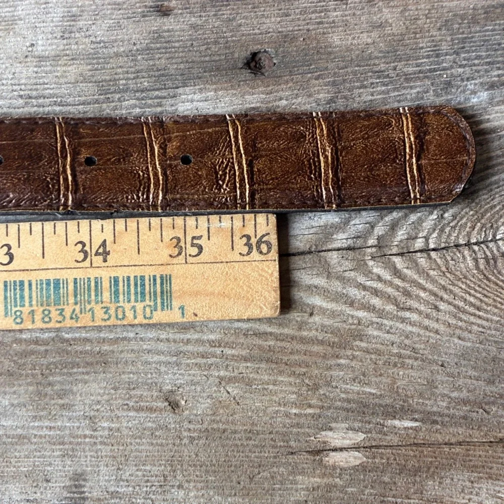 Vintage SLT Brown Alligator Croc Embossed Leather Belt 38 Antique Brass Buckle